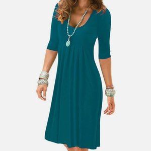 NEW Teal Sz Medium Church Office Soft Stretchy Pleated Front Knee Length Dress